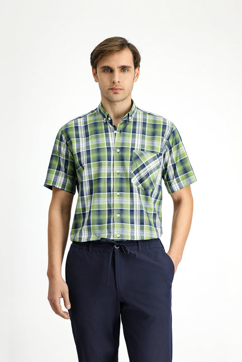 Fıstık Yeşili Kısa Kol Regular Fit Ekose Spor Düğmeli Yaka Pamuk Cepli Gömlek