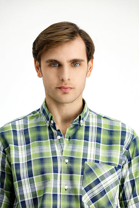 Fıstık Yeşili Kısa Kol Regular Fit Ekose Spor Düğmeli Yaka Pamuk Cepli Gömlek