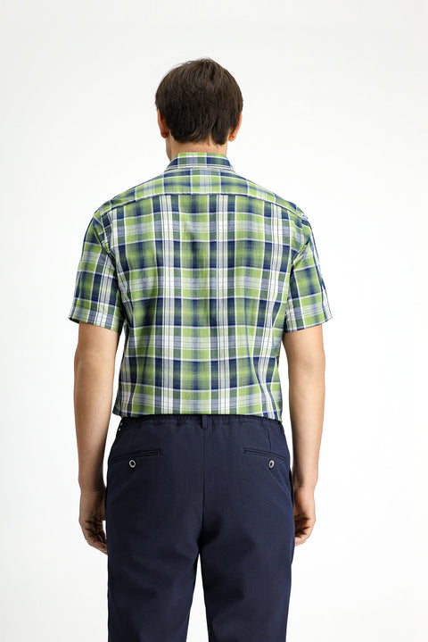 Fıstık Yeşili Kısa Kol Regular Fit Ekose Spor Düğmeli Yaka Pamuk Cepli Gömlek