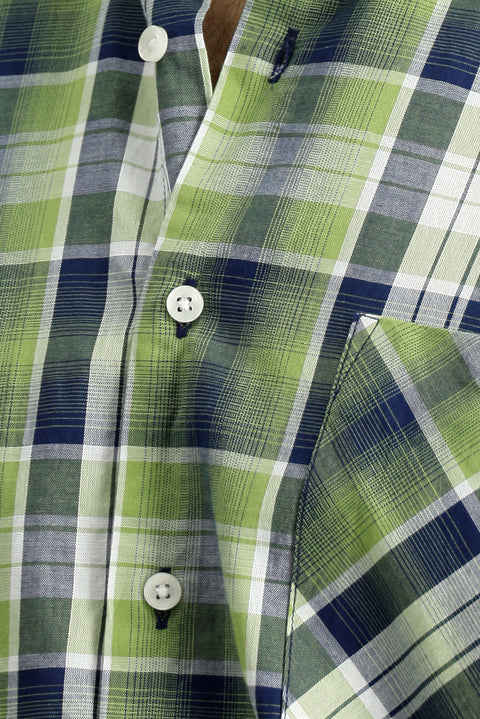 Fıstık Yeşili Kısa Kol Regular Fit Ekose Spor Düğmeli Yaka Pamuk Cepli Gömlek