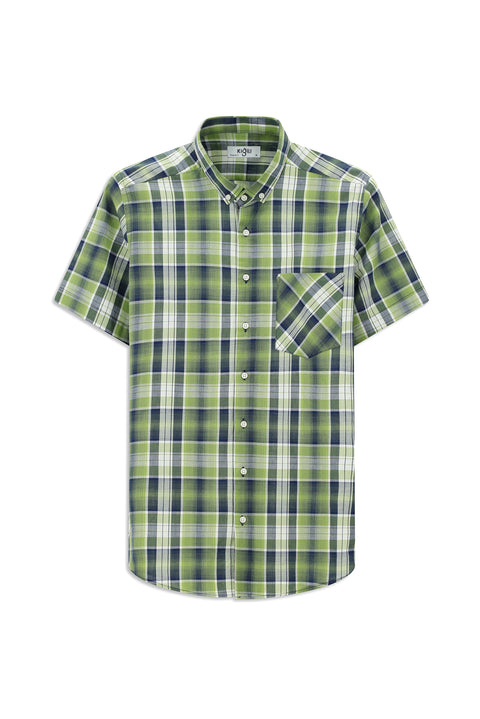 Fıstık Yeşili Kısa Kol Regular Fit Ekose Spor Düğmeli Yaka Pamuk Cepli Gömlek