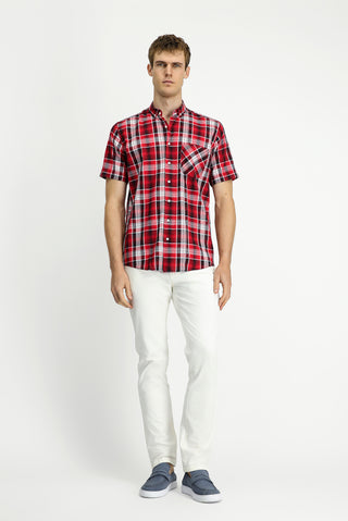  Bayrak K?rm?z? K?sa Kol Regular Fit Ekose Spor Dü?meli Yaka Pamuk Cepli Gömlek-Ki??l?