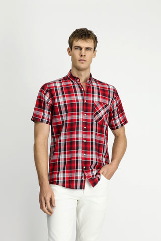  Bayrak K?rm?z? K?sa Kol Regular Fit Ekose Spor Dü?meli Yaka Pamuk Cepli Gömlek-Ki??l?