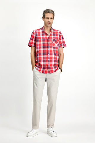  Aç?k K?rm?z? K?sa Kol Regular Fit Ekose Spor Dü?meli Yaka Pamuk Gömlek-Ki??l?