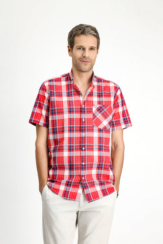  Aç?k K?rm?z? K?sa Kol Regular Fit Ekose Spor Dü?meli Yaka Pamuk Gömlek-Ki??l?