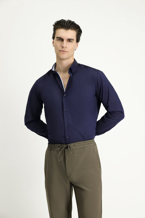 Koyu Lacivert Uzun Kol Slim Fit Dar Kesim Klasik Pamuklu Gömlek