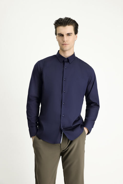 Koyu Lacivert Uzun Kol Slim Fit Dar Kesim Klasik Pamuklu Gömlek