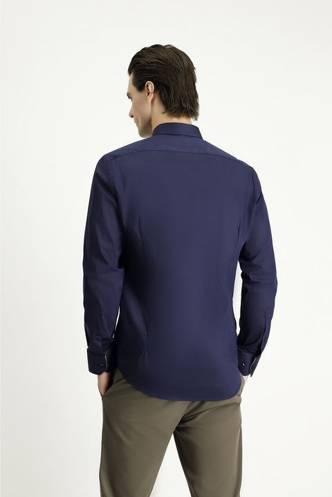 Koyu Lacivert Uzun Kol Slim Fit Dar Kesim Klasik Pamuklu Gömlek