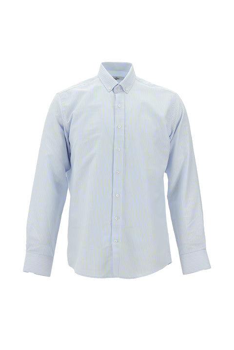 Açık Mavi Uzun Kol Slim Fit Dar Kesim Çizgili Pamuk Düğmeli Yaka Gömlek