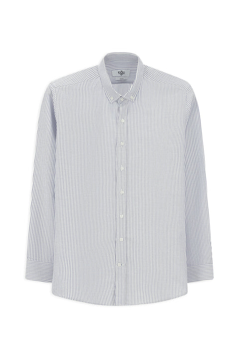 Koyu Mavi  Uzun Kol Slim Fit Dar Kesim Çizgili Pamuk Düğmeli Yaka Gömlek