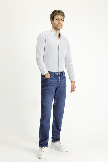 Açık Lacivert Uzun Kol Slim Fit Dar Kesim Çizgili Pamuklu Kolay Ütülenebilir Gömlek