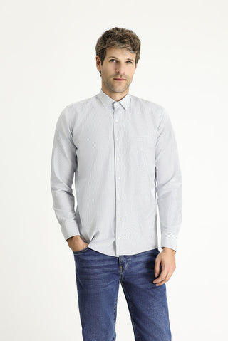  Açık Lacivert Uzun Kol Slim Fit Dar Kesim Çizgili Pamuklu Kolay Ütülenebilir Gömlek