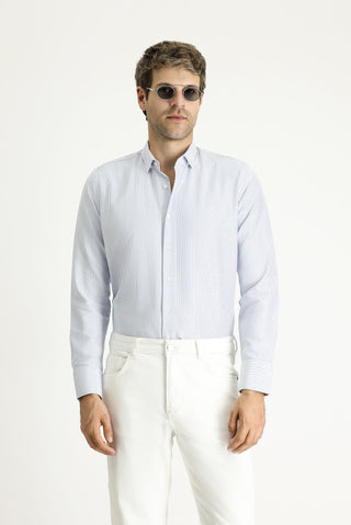 Mavi Uzun Kol Slim Fit Dar Kesim Çizgili Pamuklu Kolay Ütülenebilir Gömlek