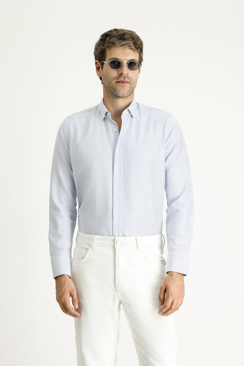 Mavi Uzun Kol Slim Fit Dar Kesim Çizgili Pamuklu Kolay Ütülenebilir Gömlek