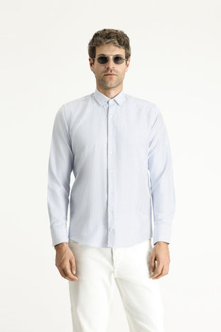  Mavi Uzun Kol Slim Fit Dar Kesim Çizgili Pamuklu Kolay Ütülenebilir Gömlek