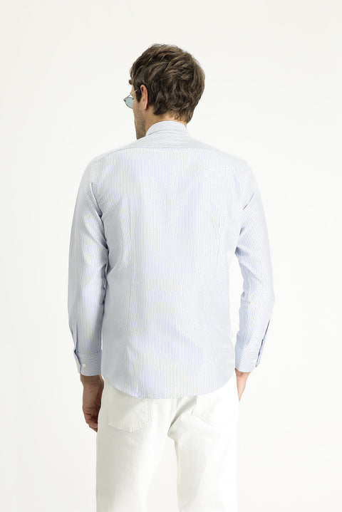 Mavi Uzun Kol Slim Fit Dar Kesim Çizgili Pamuklu Kolay Ütülenebilir Gömlek