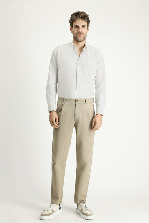 Açık Vizon Uzun Kol Slim Fit Dar Kesim Çizgili Pamuklu Kolay Ütülenebilir Gömlek