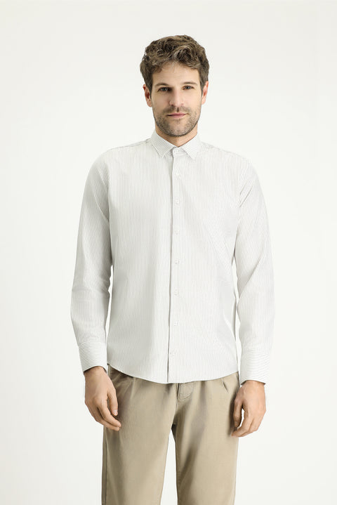 Açık Vizon Uzun Kol Slim Fit Dar Kesim Çizgili Pamuklu Kolay Ütülenebilir Gömlek