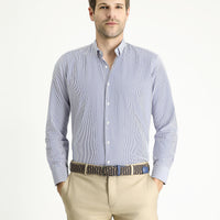 Orta Lacivert Uzun Kol Slim Fit Dar Kesim Çizgili Pamuklu Kolay Ütülenebilir Gömlek