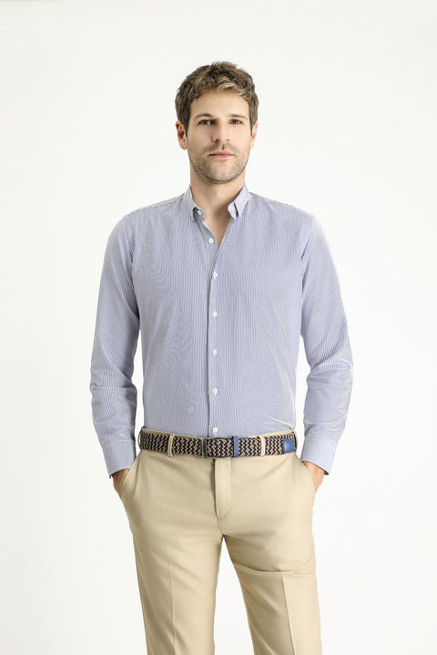 Orta Lacivert Uzun Kol Slim Fit Dar Kesim Çizgili Pamuklu Kolay Ütülenebilir Gömlek