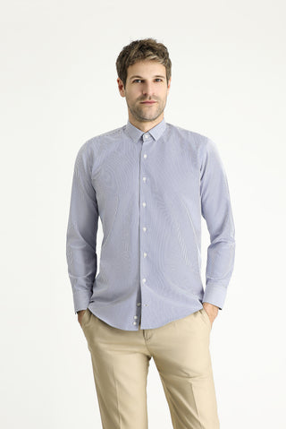  Orta Lacivert Uzun Kol Slim Fit Dar Kesim Çizgili Pamuklu Kolay Ütülenebilir Gömlek