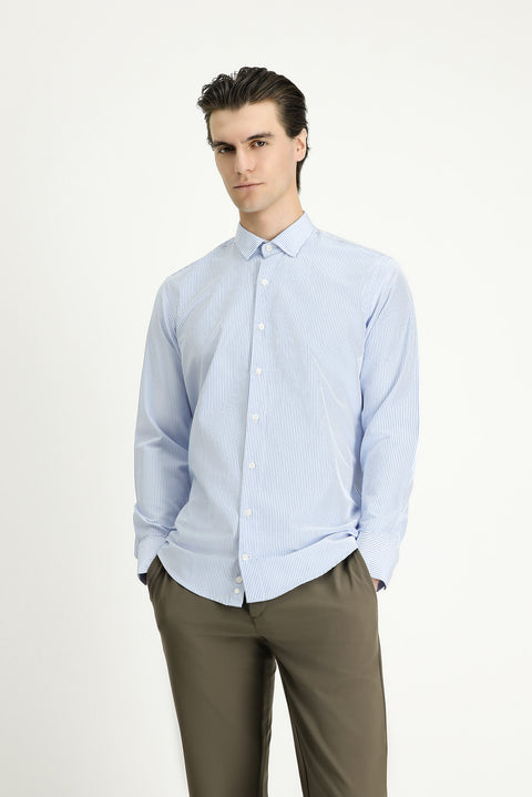Açık Mavi Uzun Kol Slim Fit Dar Kesim Çizgili Pamuklu Kolay Ütülenebilir Gömlek
