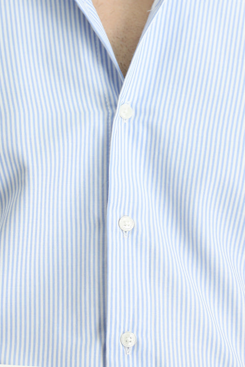 Açık Mavi Uzun Kol Slim Fit Dar Kesim Çizgili Pamuklu Kolay Ütülenebilir Gömlek