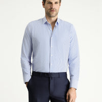 Mavi Uzun Kol Slim Fit Dar Kesim Çizgili Pamuklu Kolay Ütülenebilir Gömlek