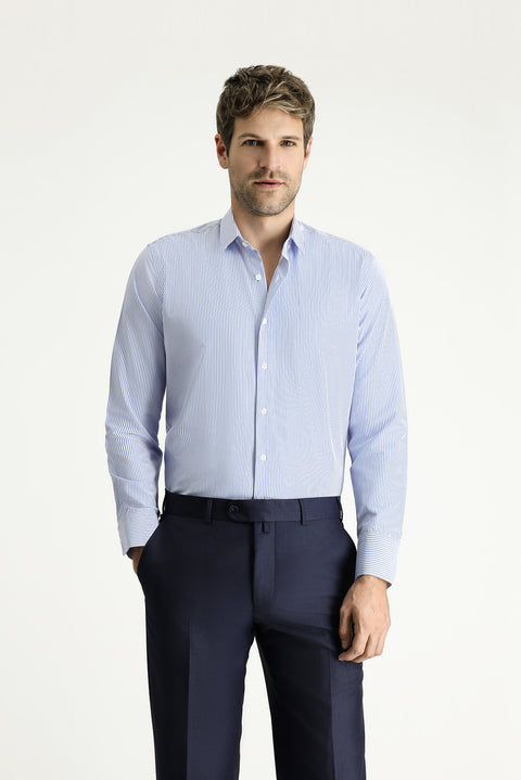 Mavi Uzun Kol Slim Fit Dar Kesim Çizgili Pamuklu Kolay Ütülenebilir Gömlek