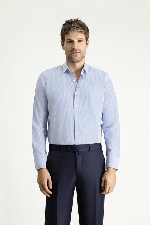 Mavi Uzun Kol Slim Fit Dar Kesim Çizgili Pamuklu Kolay Ütülenebilir Gömlek