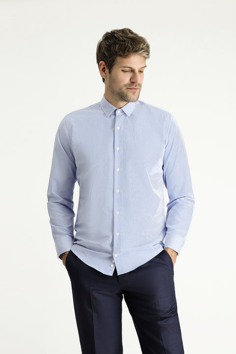 Mavi Uzun Kol Slim Fit Dar Kesim Çizgili Pamuklu Kolay Ütülenebilir Gömlek