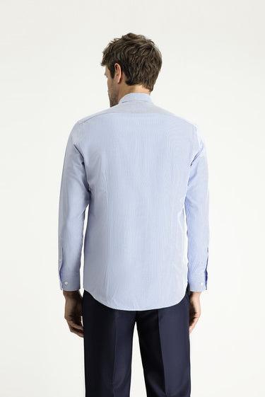 Mavi Uzun Kol Slim Fit Dar Kesim Çizgili Pamuklu Kolay Ütülenebilir Gömlek