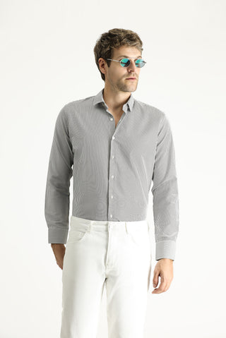  Orta Antrasit Uzun Kol Slim Fit Dar Kesim Çizgili Pamuklu Kolay Ütülenebilir Gömlek