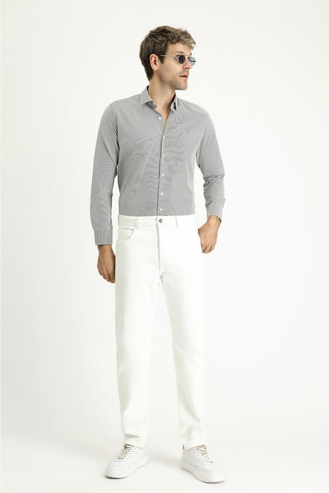 Orta Antrasit Uzun Kol Slim Fit Dar Kesim Çizgili Pamuklu Kolay Ütülenebilir Gömlek