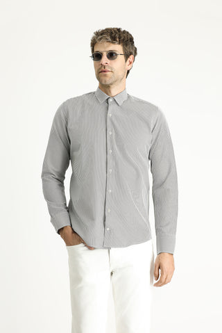  Orta Antrasit Uzun Kol Slim Fit Dar Kesim Çizgili Pamuklu Kolay Ütülenebilir Gömlek