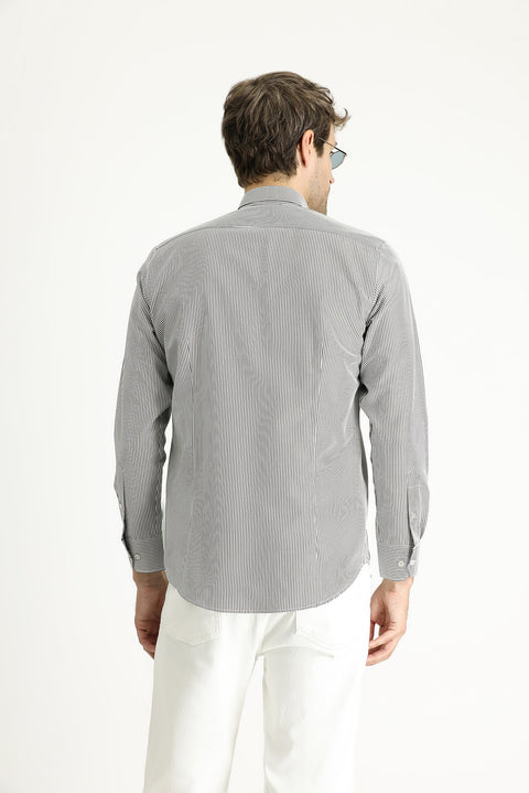 Orta Antrasit Uzun Kol Slim Fit Dar Kesim Çizgili Pamuklu Kolay Ütülenebilir Gömlek