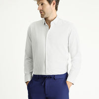 Açık Gri Uzun Kol Slim Fit Dar Kesim Çizgili Pamuklu Kolay Ütülenebilir Düğmeli Yaka Gömlek