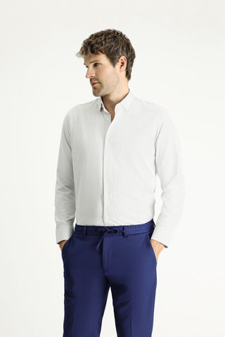  Açık Gri Uzun Kol Slim Fit Dar Kesim Çizgili Pamuklu Kolay Ütülenebilir Düğmeli Yaka Gömlek