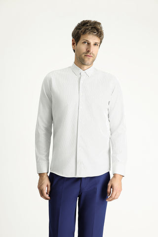  Açık Gri Uzun Kol Slim Fit Dar Kesim Çizgili Pamuklu Kolay Ütülenebilir Düğmeli Yaka Gömlek