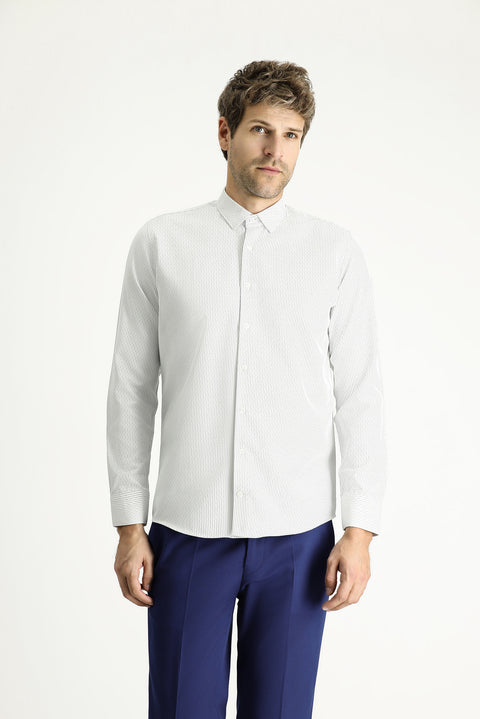 Açık Gri Uzun Kol Slim Fit Dar Kesim Çizgili Pamuklu Kolay Ütülenebilir Düğmeli Yaka Gömlek