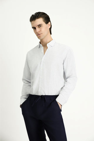  Açık Lacivert Uzun Kol Slim Fit Dar Kesim Çizgili Pamuklu Kolay Ütülenebilir Düğmeli Yaka Gömlek