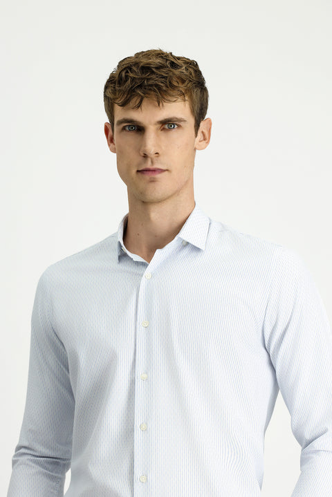 Mavi Uzun Kol Slim Fit Dar Kesim Çizgili Pamuklu Kolay Ütülenebilir Düğmeli Yaka Gömlek