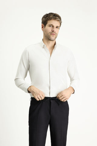  Açık Vizon Uzun Kol Slim Fit Dar Kesim Çizgili Pamuklu Kolay Ütülenebilir Düğmeli Yaka Gömlek