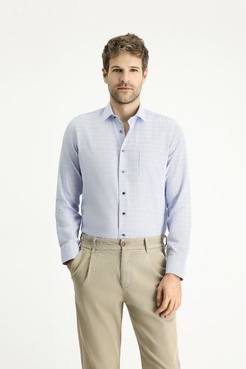 Mavi Uzun Kol Slim Fit Dar Kesim Non Iron Ekose Pamuklu Gömlek