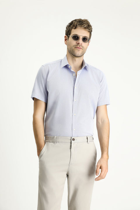 Açık Mavi Kısa Kol Slim Fit Dar Kesim Desenli Pamuk Gömlek