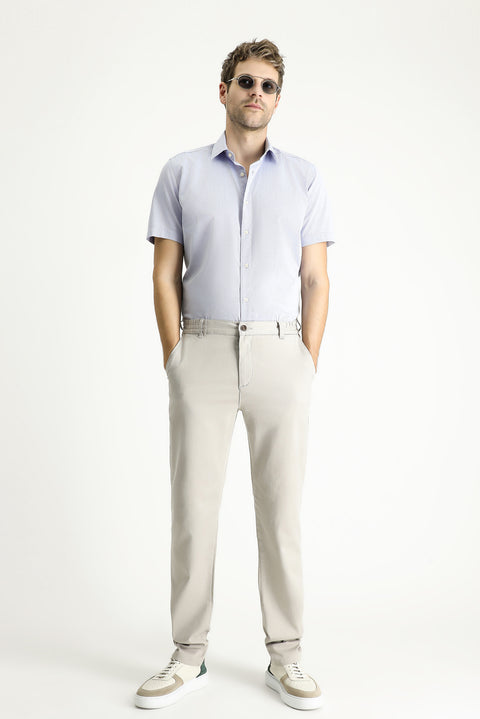 Açık Mavi Kısa Kol Slim Fit Dar Kesim Desenli Pamuk Gömlek