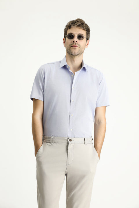 Açık Mavi Kısa Kol Slim Fit Dar Kesim Desenli Pamuk Gömlek