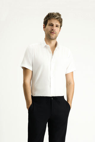  Beyaz Kısa Kol Slim Fit Dar Kesim Desenli Pamuk Gömlek