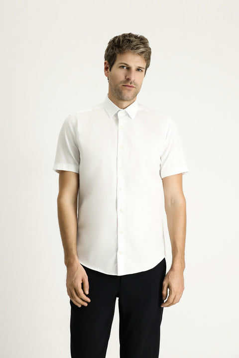 Beyaz Kısa Kol Slim Fit Dar Kesim Desenli Pamuk Gömlek