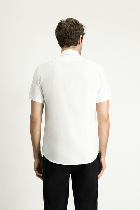 Beyaz Kısa Kol Slim Fit Dar Kesim Desenli Pamuk Gömlek